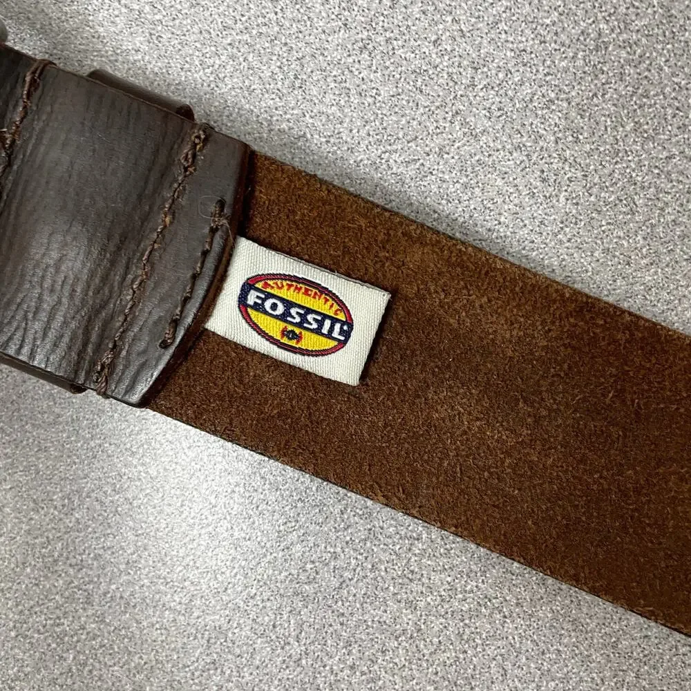 Fossil Leather Belt Mens 38 Brown Silver Roller Buckle Casual Classic 1.75